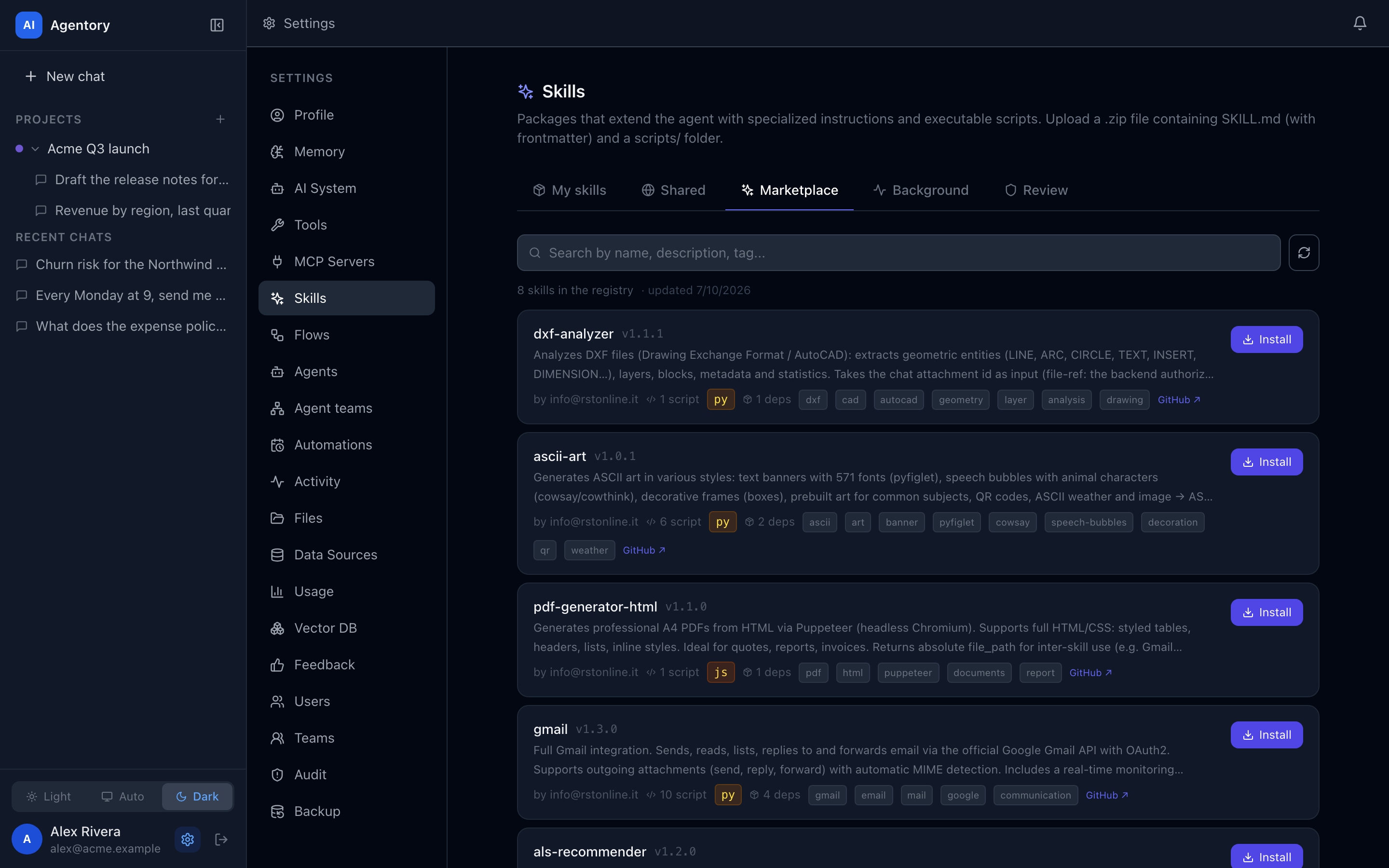 The skills marketplace, listing installable executable packages.